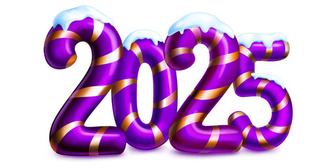 Large purple stylized number 2025 sprinkled with snow on top, with a festive Christmas design reminiscent of a candy cane, with soft shadow, on a white background.