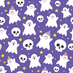 Cute Halloween background with hand drawn ghosts and skulls. Seamless pattern. Vector illustration