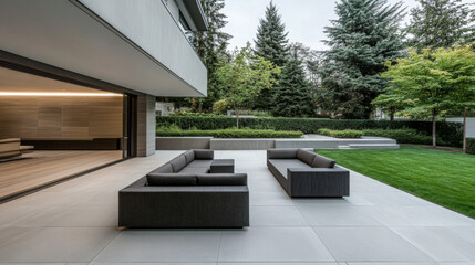 Obraz premium Modern outdoor seating area with sleek furniture and lush greenery in a contemporary garden