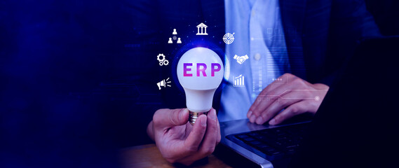 ERP Concept, Enterprise resource planning concept, analyzing ERP system on virtual screen, Connections between business intelligence, HR and CRM modules.