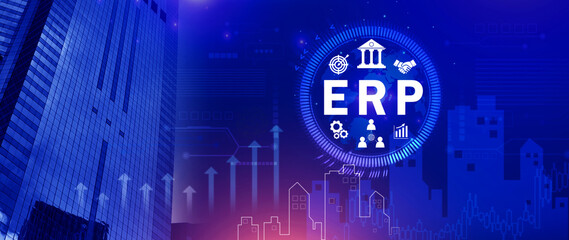 ERP Concept, Enterprise resource planning concept, analyzing ERP system on virtual screen, Connections between business intelligence, HR and CRM modules.