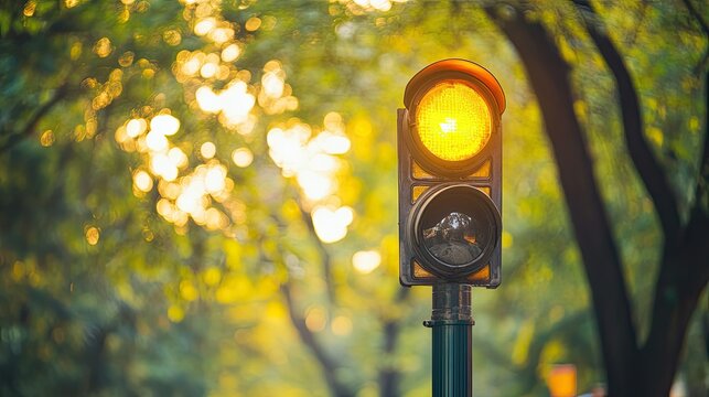 A bright yellow stoplight illuminated, with a background of daytime trees gently blurred, evoking a sense of caution and natural calm