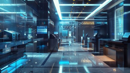 Digital Oasis CuttingEdge Bank Interior with Futuristic Technology and Privacy Screens