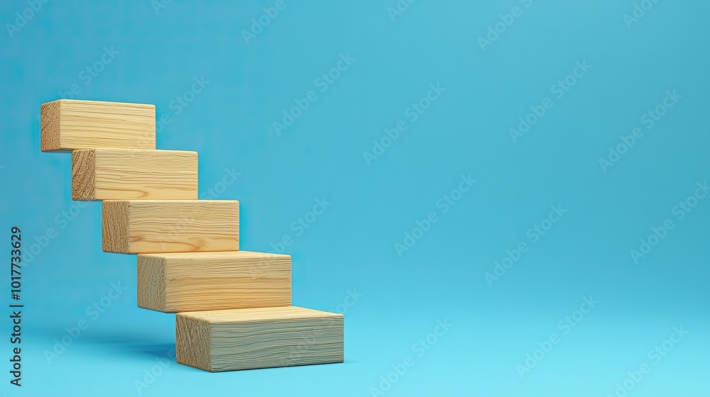 Fototapete a clean image of wood blocks forming a staircase on a blue background, showcasing business growth an