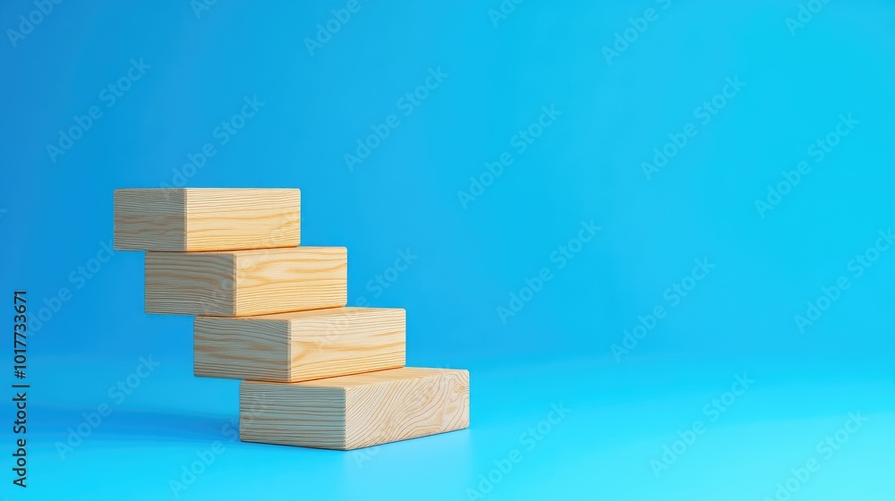 Fototapete a clean image of wood blocks forming a staircase on a blue background, showcasing business growth an