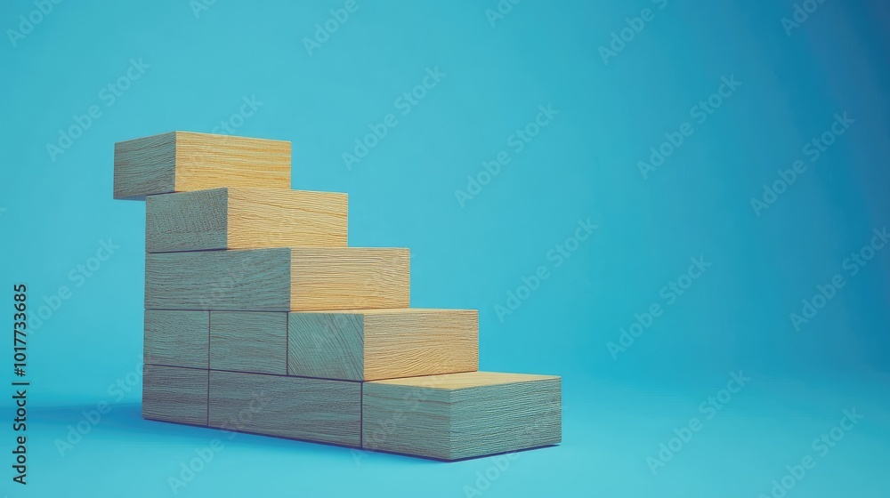 Fototapete a clean image of wood blocks forming a staircase on a blue background, showcasing business growth an
