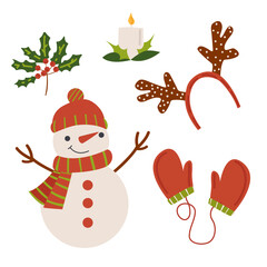 Merry christmas and happy new year concept background vector. A snowman, gloves, a candle, a sprig with berries.
