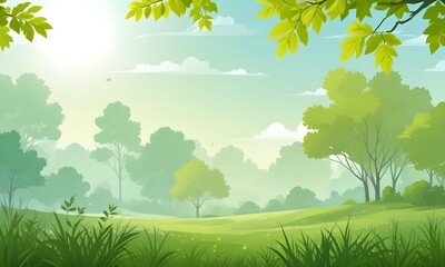 Obraz premium Green leaves and grass with a blurred background, suggesting a serene, natural environment