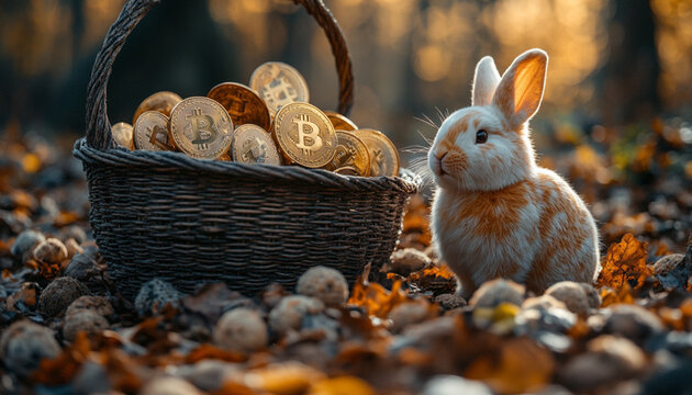 Nice rabbit holding Bitcoin in basket surrounded by gold coins. Finance and cryptocurrency