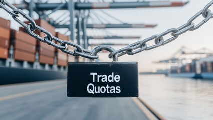 A Chain-Link Sign Alerting On Trade Quotas Overlooking Shipping Containers Along A Port Shoreline With A Calm Water Surface Reflecting Hopeful Economic Opportunities Ahead.