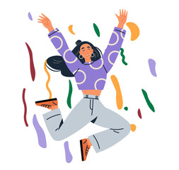 Celebration concept. Young woman jumps with arms raised, wearing vibrant clothes. Surrounding the woman are abstract, colorful confetti shapes. Ideal for celebration, joy, happiness, festivals