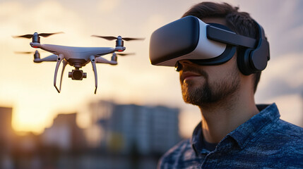 A man in virtual reality glasses controls a drone that flies behind him