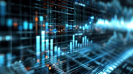 Abstract data visualization with charts and graphs representing a digital data flow. The focus on the bright blue lines and abstract numbers creates a modern feel.