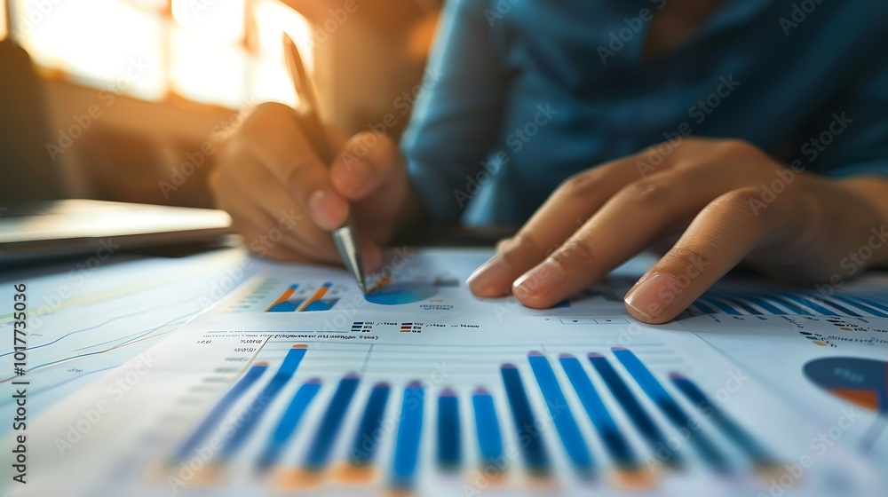 Poster close-up shot of a person's hand analyzing graphs and charts on a desk. the image conveys a sense of