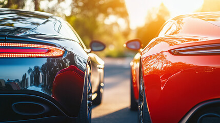 A rear view of two modern sports cars driving along a highway on a sunny day