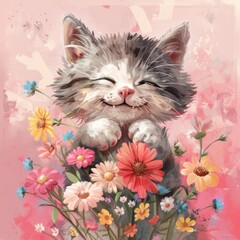 A striped, gray kitten with closed eyes holds a bouquet of daisies on a pink background. The concept of innocence, prettiness and joy.