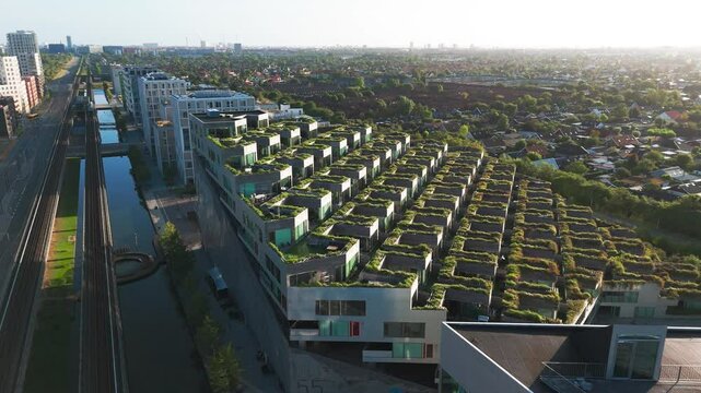 Aerial ascend near residential complex of Mountain Dwellings, Copenhagen