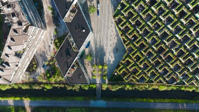 Aerial top down view of residential complex Mountain Dwellings, Copenhagen
