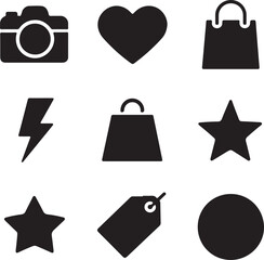 Black and White Shopping Icons: Bags, Gift Boxes, Storefront, Shoes, Bike, and Cart