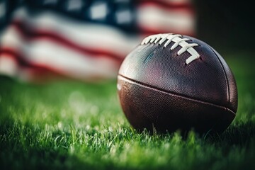 Obraz premium A classic football rests on the green grass. The American flag waves softly in the background. This image captures the spirit of the game. Generative AI.