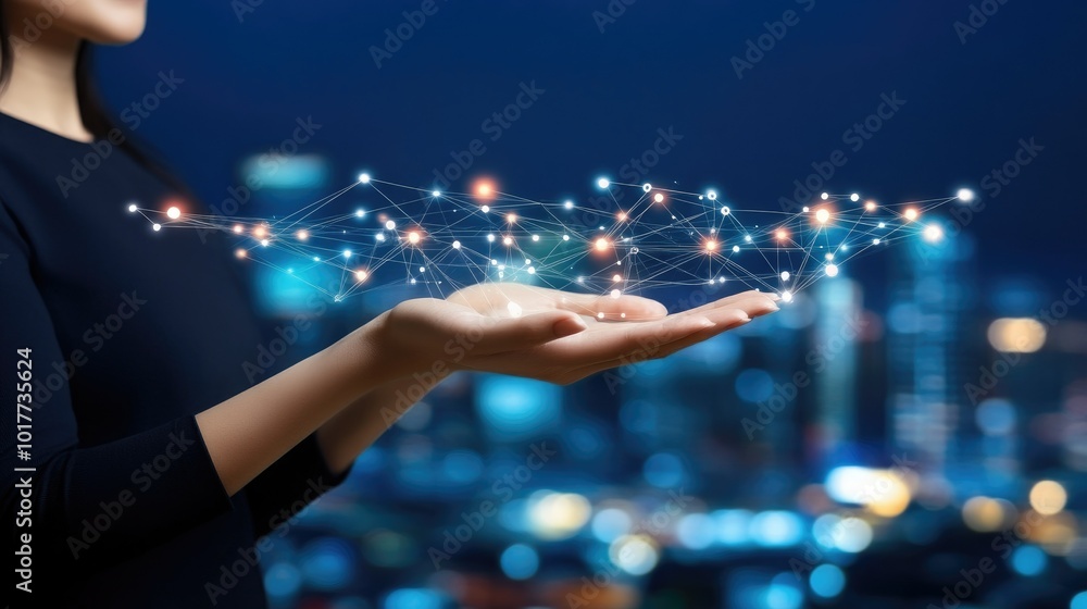 Aufkleber a futuristic neural network graphic floating in cyberspace, with a businesswomanaes hand reaching ou
