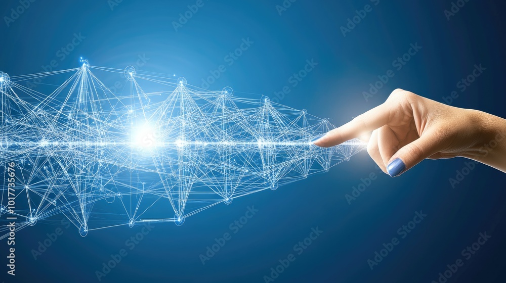 Poster a futuristic neural network graphic floating in cyberspace, with a businesswomanaes hand reaching ou