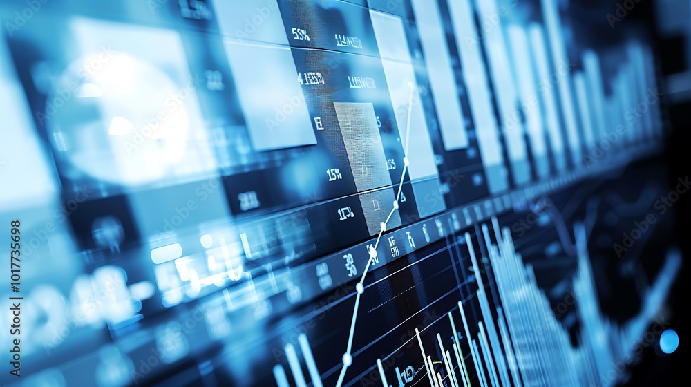 Poster close-up view of a digital screen displaying various financial charts, graphs, and data points, high