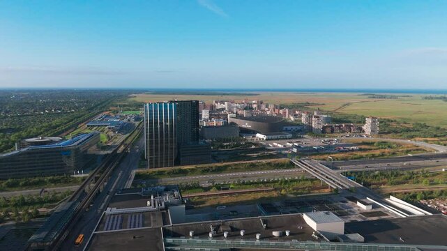 Aerial landscape above district of Copenhagen with multistory building