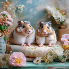 ドールハウスで暮らすハムスターファミリー