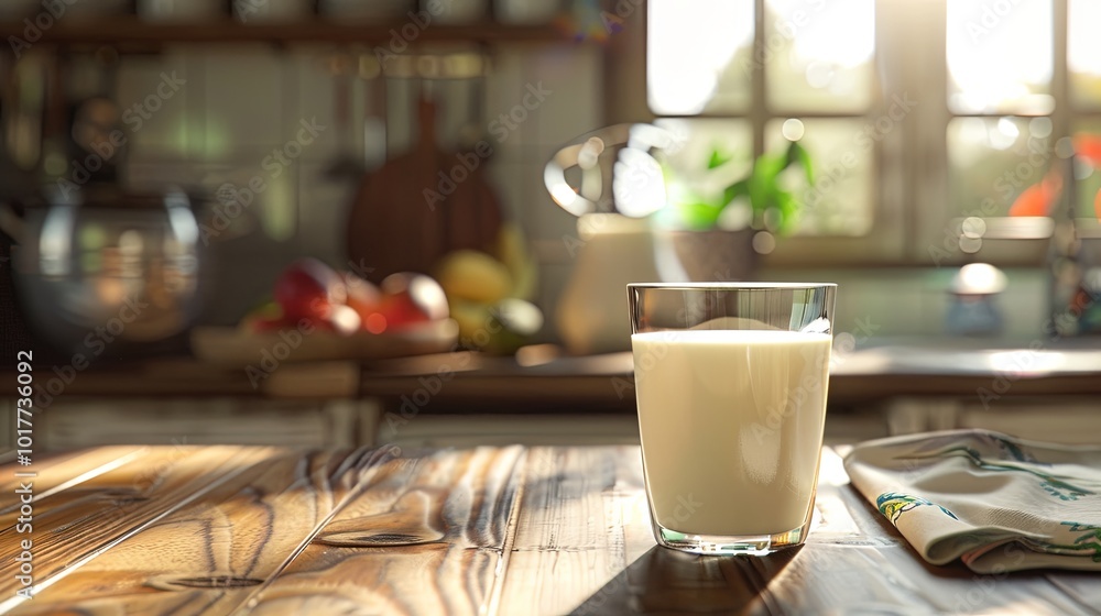 Poster Sunlight streams through the window, illuminating a glass of milk on a rustic wooden table in a warm and inviting kitchen. Generative AI