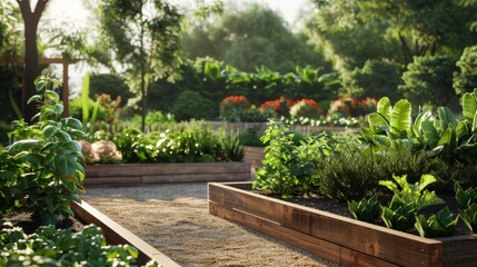 Vibrant Garden Oasis Elevated plant beds bursting with colorful blooms in a lush thriving landscape