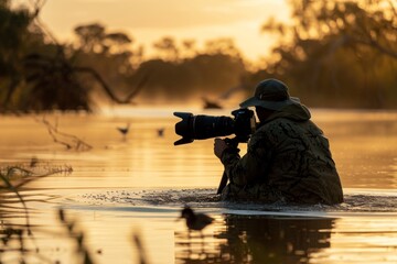 A photographer captures stunning wildlife moments in calm waters during sunrise. Nature photography showcases skill and patience. Perfect for wildlife enthusiasts. Generative AI