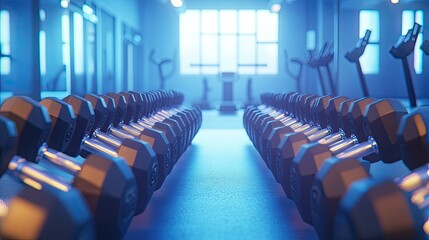 A gym scene featuring a row of dumbbells with various weight increments, stretching into the distance, with a bright and airy fitness environment in the background