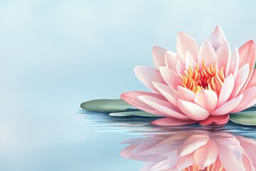 A beautiful pink water lily floating on calm water surrounded by soft reflections and a serene backdrop.