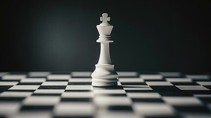 A king chess piece standing tall on a chessboard, symbolizing strong leadership and business management strategies. Ample copy space for business messages.