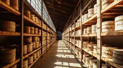 Fototapeta premium A long hallway lined with massive shelves filled with Parmigiano cheese wheels aging to perfection in a Parma-based factory. The natural sunlight streams through narrow windows.