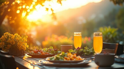 A sunset meal setting with salads and drinks, evoking relaxation and enjoyment.
