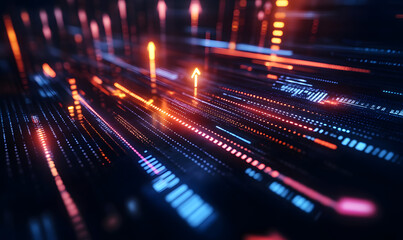 Fototapeta premium Futuristic financial dashboards and luxury business charts with glowing neon lines, gold accents, and connected nodes for corporate branding.