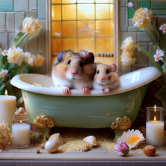 ドールハウスで暮らすハムスターファミリー