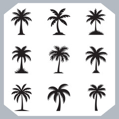 Set of logotype black simple palm tree vector silhouettes, Palm Trees Silhouette, Coconut Tree Silhouette on white background