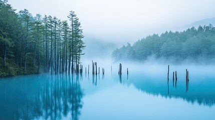 Obraz premium A misty morning at Hokkaido's Blue Pond, the blue waters and tree trunks veiled in light fog, adding mystery and beauty to the serene landscape.