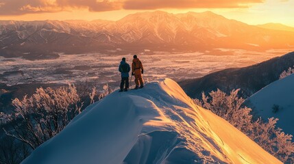 Fototapeta premium A pair of snowboarders take in the panoramic view of Tokachidake and Daisetsuzan mountains from a snowy peak at Furano ski resort, bathed in warm sunlight.