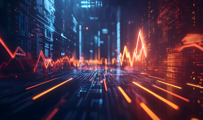 Futuristic financial dashboards and luxury business charts with glowing neon lines, gold accents, and connected nodes for corporate branding.