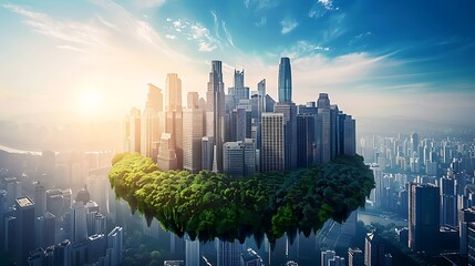 Naklejka premium Surreal cityscape with skyscrapers floating above a verdant island for signifying future urban design nature integration sustainability and imaginative architectural concept.