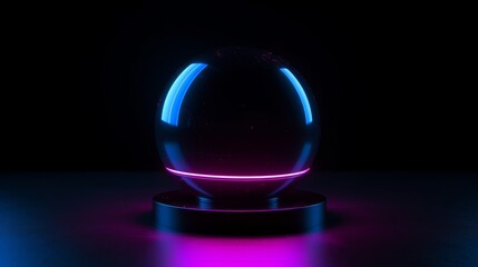 Black sphere with glowing lines on dark background with blue and purple lights