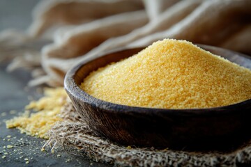 Elegant presentation of finely arranged cornmeal in a rustic wooden bowl on a textured surface