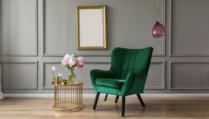 Stylish and luxury living room of apartment interior with elegant green armchair, retro table with flowers and chic accessories. Mock up paintings frames on the molding gray wall. Minimal home decor.