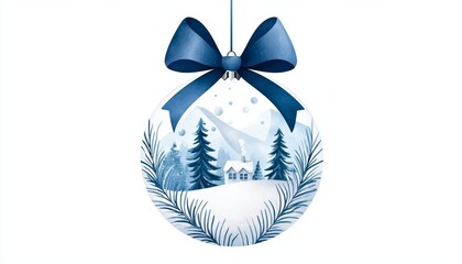 Beautiful Christmas ornament featuring snowy scenery, trees, and a house, decorated with a blue bow.