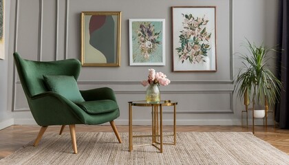 Stylish and luxury living room of apartment interior with elegant green armchair, retro table with flowers and chic accessories. Mock up paintings frames on the molding gray wall. Minimal home decor.