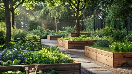 Serene Oasis Vibrant Garden with Raised Wooden Beds and Lush Green Plants